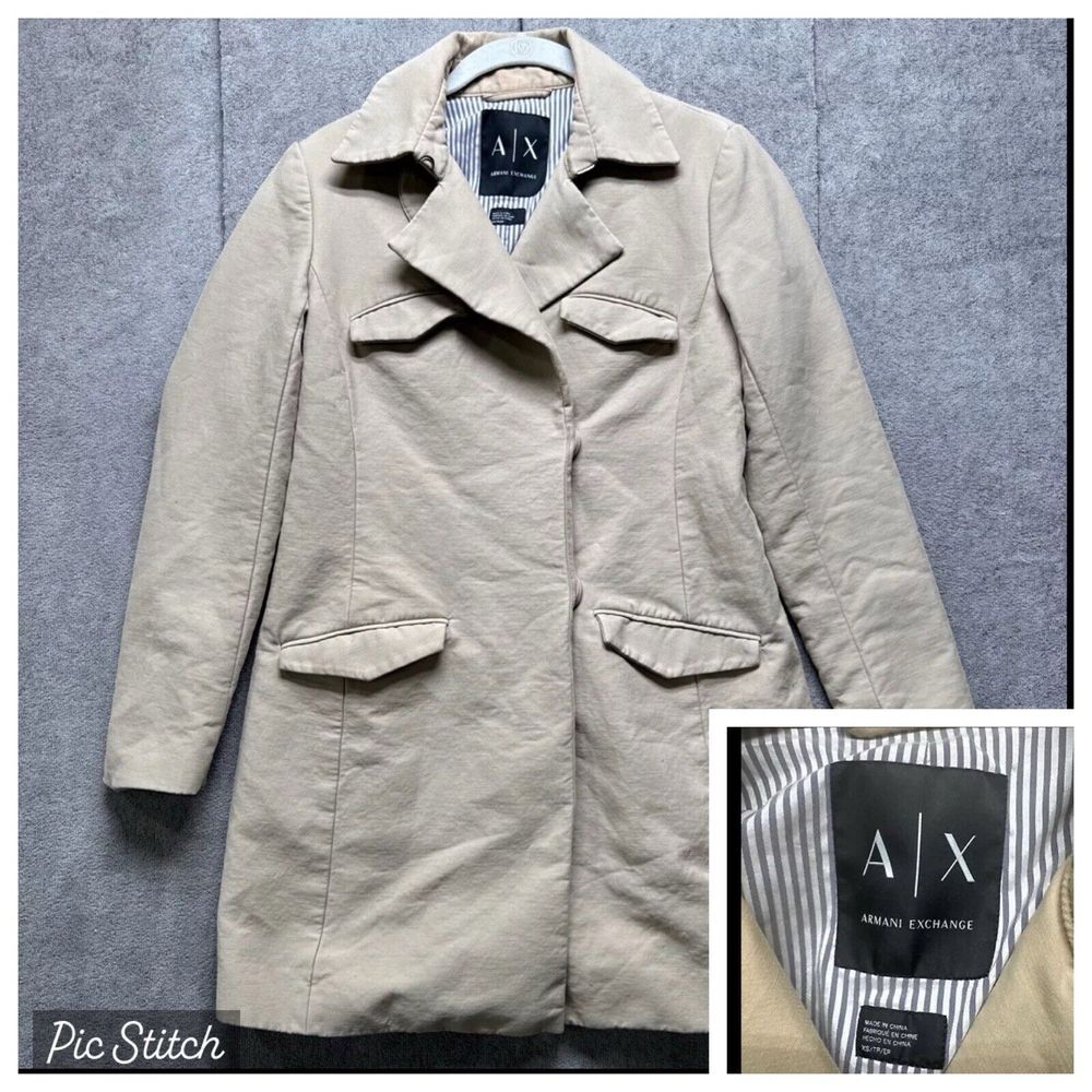 Armani‎ Exchange Women's Trench Coat Jacket Snap Button Long Sleeve Beige Sz XS